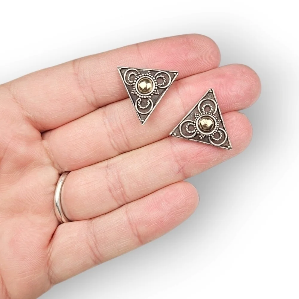 Bali Sterling Triangle Post Earrings Beaded Filigree Semara Dharma 925 Silver
